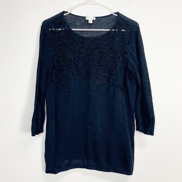 J. Jill Sweaters - J Jill Sweater Womens Size Medium Navy Blue Knit Floral Applique Neckline